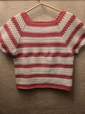 Handmade Crochet Top Pink White Striped Boho Cottagecore Knit Sweater Festival L